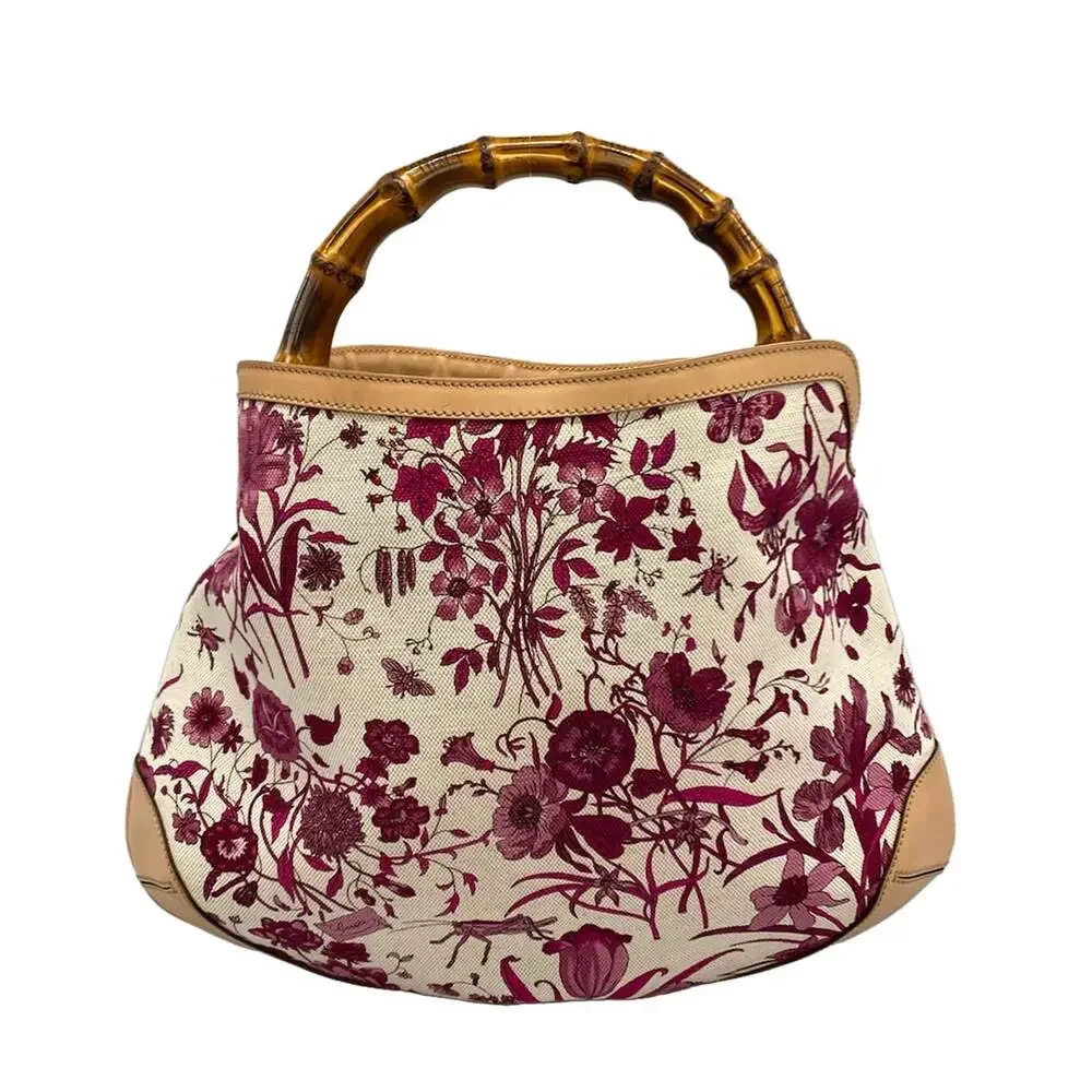 Gucci Flora/Bamboo Handbag 169961 Bordeaux Cream Beige Canvas Leather